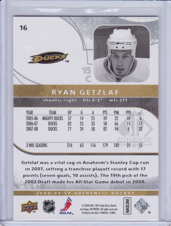 Ryan Getzlaf 2008 SP Authentic Hockey Card 16 - Image 2 of 2