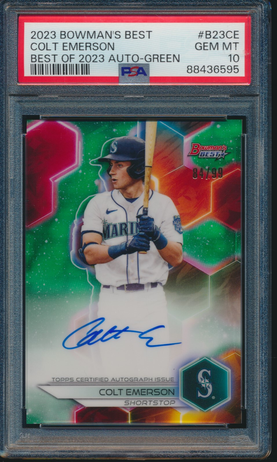PSA 10 COLT EMERSON AUTO 2023 Bowman's Best GREEN REFRACTOR/99 RC GEM MINT