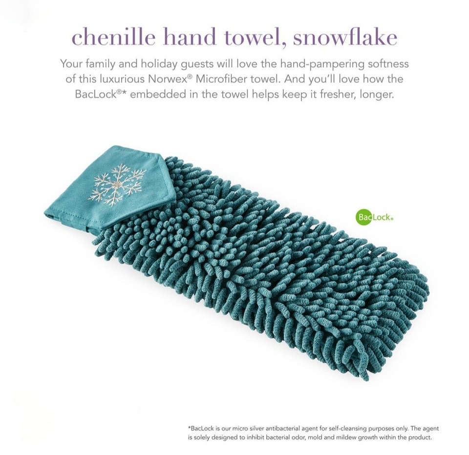 New Norwex Chenille Hand Towel with Baclock Limited Ed Teal Snowflake