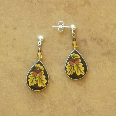 Artisan-Made-Painted & Beaded Flower Earrings-Gold Oak Leaves-Peruvian Jewelry