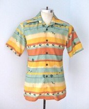 Vtg 70s JCPenny Southwestern sunset stripe birds ship camp shirt dagger collar M