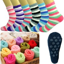 6 Pairs For Womens Winter Home Non-Skid Cozy Fuzzy Soft Striped Slipper Socks