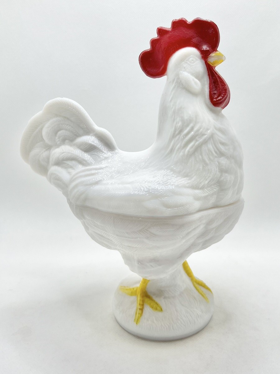 Vintage WESTMORELAND Milk Glass Standing Rooster Covered Dish - 9