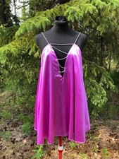 NEW Magenta Flowing Satin Micro Mini Deep V Dress Rhinestone Strap Clubwear Sz M