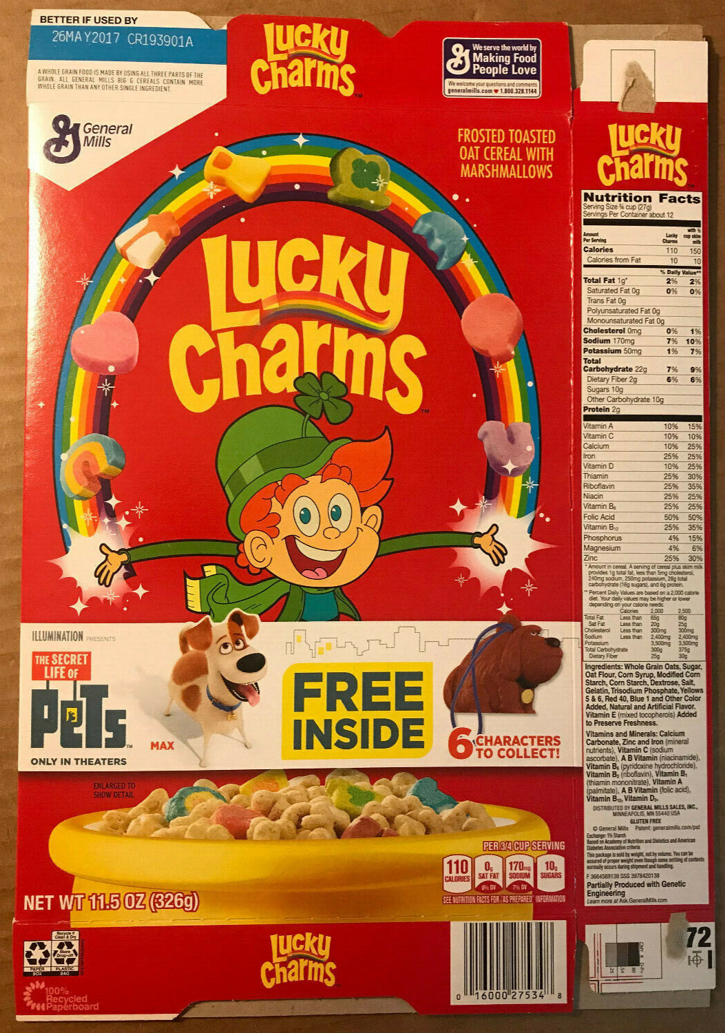 Lucky Charms Secret Life Of Pets Figure Cereal GM FLAT EMPTY BOX 2016 |