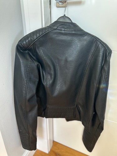 Ladies faux leather collarless biker jacket size 8 Bla - Picture 2 of 5