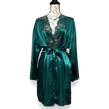 Victorias Secret Vintage Emerald Satin Lace Kimono Robe Gold Label Old Money