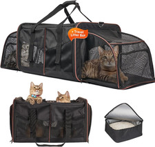 Large Cat Carrier for 2 Cats with 2 Litter Boxes, Expandable Foldable Double Pe