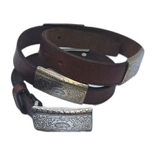 Fossil Brown Women Med Genuine Leather Belt Silver Filigree Rectangular Conchos