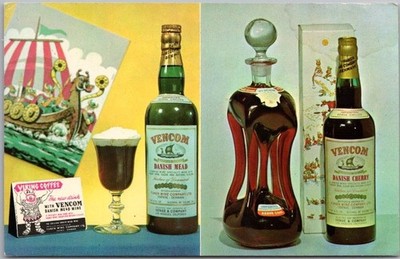 Vintage 1960s ''VENCOM Danish Fruit Wines'' Advertising Postcard ''Viking Coffee''