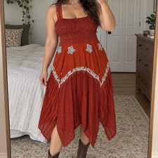 Orange Embroidered Handkerchief Hem lace Boho Midi Dress OS Fairy whimsy renfair