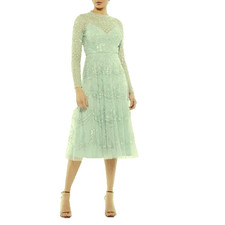 Mac Duggal Seafoam Green Sequined Illusion Long Sleeve Midi Dress Size 18 $498
