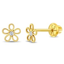 14k Gold CZ Flower Clear Toddler / Kids / Girls Earrings Safety Screw Back