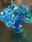 Pair Of Vintage Fenton Glass Compote Vase Colonial Blue Thumbprint — photo 2