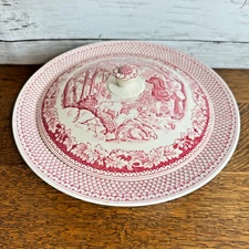 Currier Ives Husking Homer Laughlin Vegetable Bowl w/ Lid Partridge Red Transfer