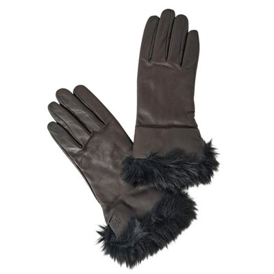 RALPH LAUREN Brown Leather Gloves Sz M Black Faux Fur Trim Classy Warm Elegant