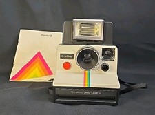 Vtg Polaroid SX-70 OneStep White Rainbow Stripe Camera w/ ITT Magicflash, Manual