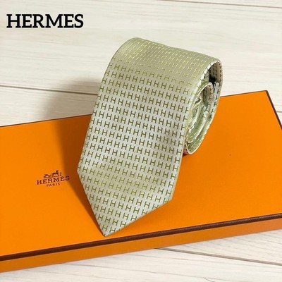 Hermes Facon H Pattern Necktie Green Gold Silk Luxury Fashion Tie Authentic