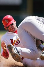 Jim Edmonds St Louis Cardinals slides into Alex Rodriguez New York- Old Photo 1