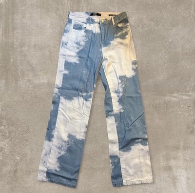 Jaded London Boyfriend Fit Cloud Print Denim Jeans Blue White Button Pockets 28 