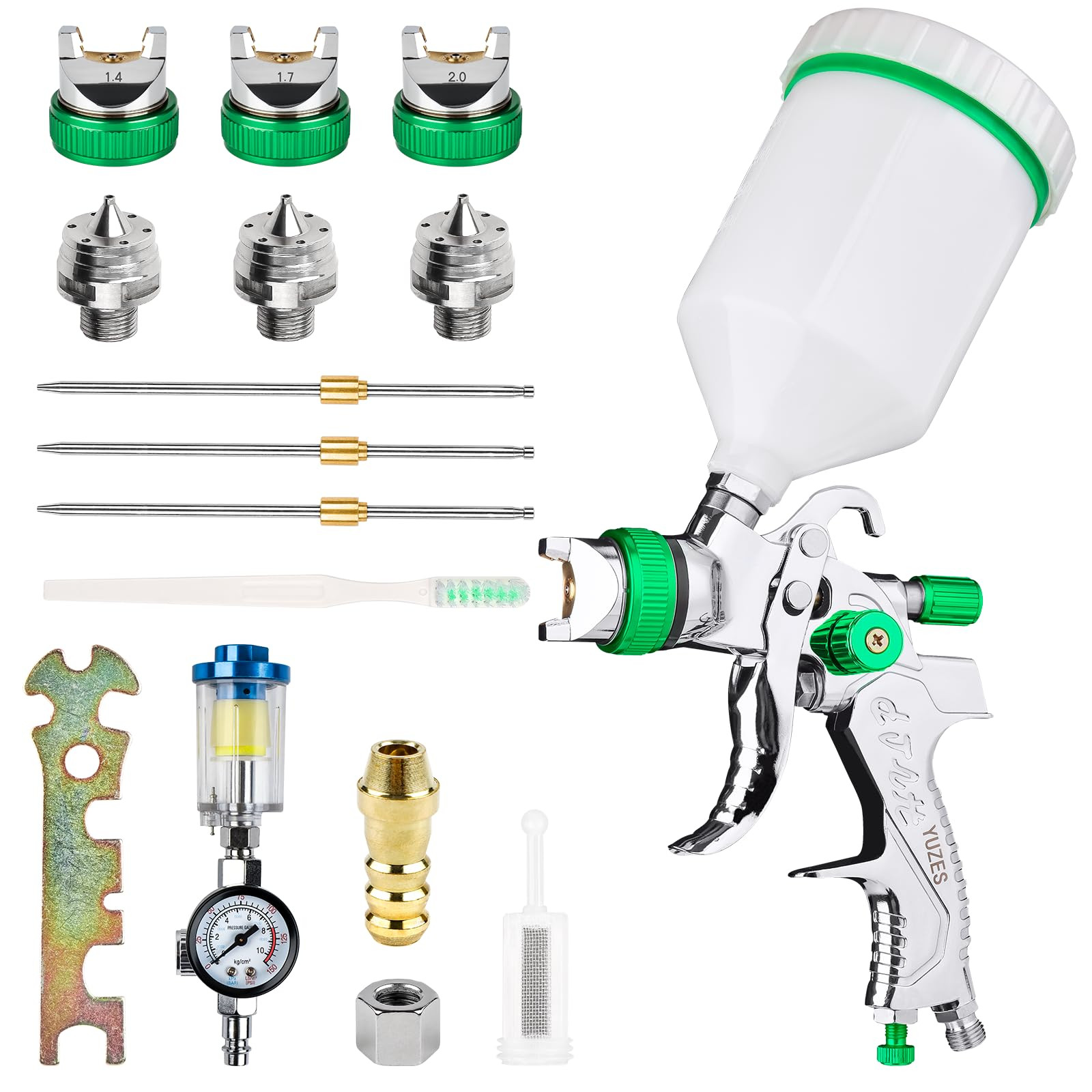 HVLP Spray with 1.4/1.7/2.0mm Nozzles & Air Regulator, Water Oil Separator, 6...
