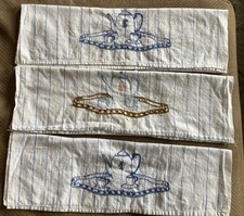 3 VINTAGE Blue Striped Cotton Kitchen Towels with Hand Embroidered Tea Sets