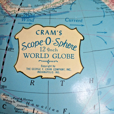 Cram's 12'' Scope-O-Sphere World Blue Globe Geography Map Metal Base Vtg 1969 EUC