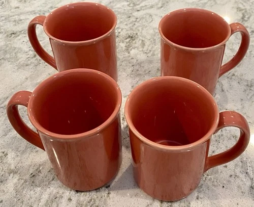 Set of 4 Vintage CORNING WARE Coral Peach Salmon Coffee Mugs~Corelle USA 47 K7