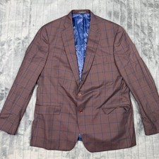 Hart Schaffner Marx Mens 48L Brown Windowpane Plaid 100 Wool Blazer Sport Coat