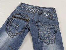 K&M Jeans Mens Size 31 Cosmo Lupo Embroidered Denim Blue Casual Pants