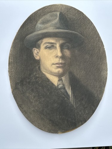 ANTIQUE DRAWING ANTIQUE PORTRAIT MAN WITH HAT MEN SIGNED MYSTERY ARTIST 1920'S - Picture 18 of 24