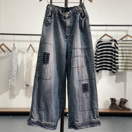 Women Denim Baggy Jeans Wide Leg Pants Retro Loose Casual Trousers Elastic Waist - Picture 7 of 12