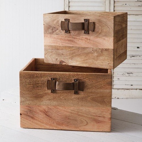 Set Of Two Leather Handled Wooden Storage Boxes