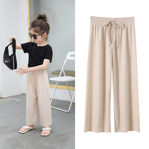 Girls Thin Style Kid's Pants Loose Casual Ice Silk Nine Points Wide Leg Pants - Picture 5 of 16