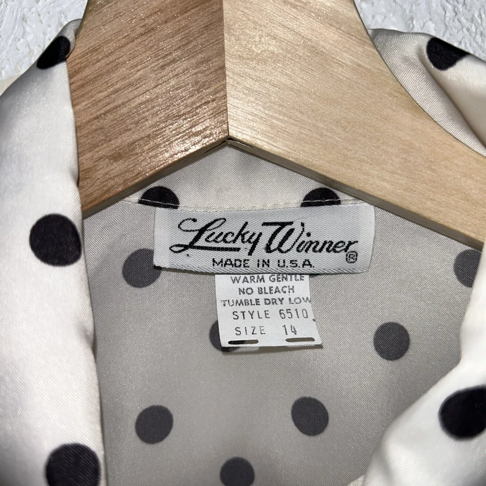 Blusa blanca a lunares abotonada Lucky Winner manga larga vintage para mujer talla 14 Foto 4 de 4