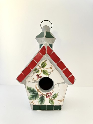 Handcrafted Decorative Mosaic Bird House Ceramic Holly leaves and Berries MINT - Picture 2 of 17