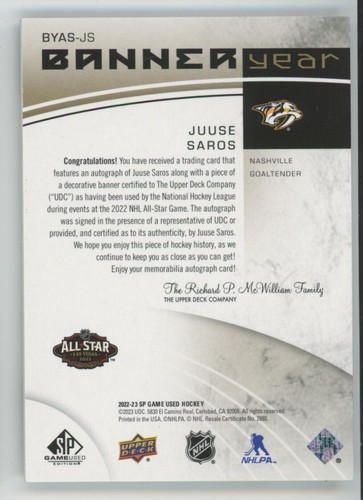 2022-23 SP GAME USED Juuse Saros BANNER YEAR AUTO 1/5 - Picture 2 of 2