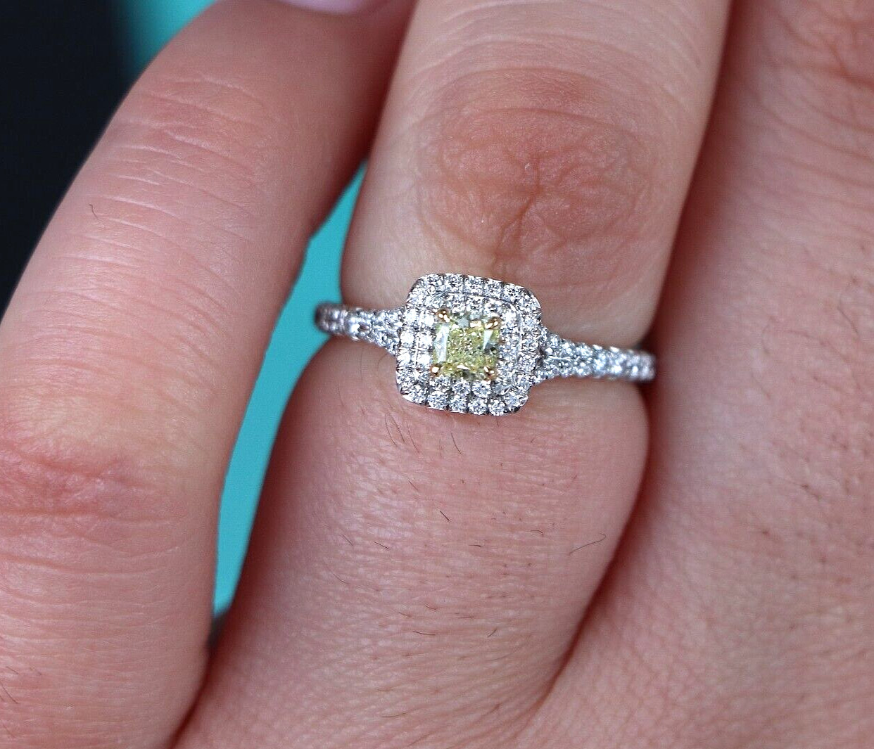 $6,000 Tiffany Soleste Platinum Fancy Yellow Diamond Double Halo