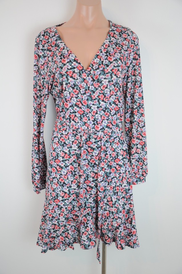 Leona Edmiston Dress Womens 3 Pink Purple Black Floral Long Sleeve Wrap