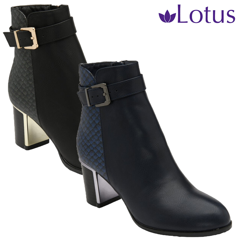 Womens Lotus Cindy Black Navy Blue Print Block Heel Ankle Boots Shoes UK 