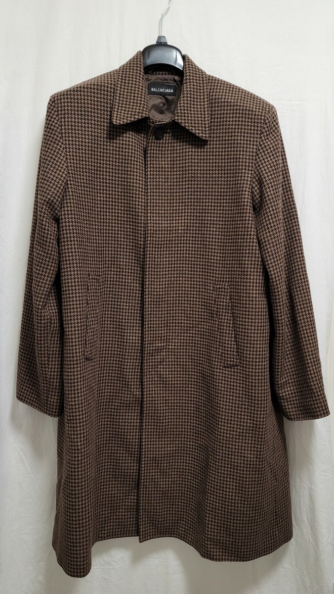 BALENCIAGA Houndstooth Wool Single Breasted Coat In Brown Size