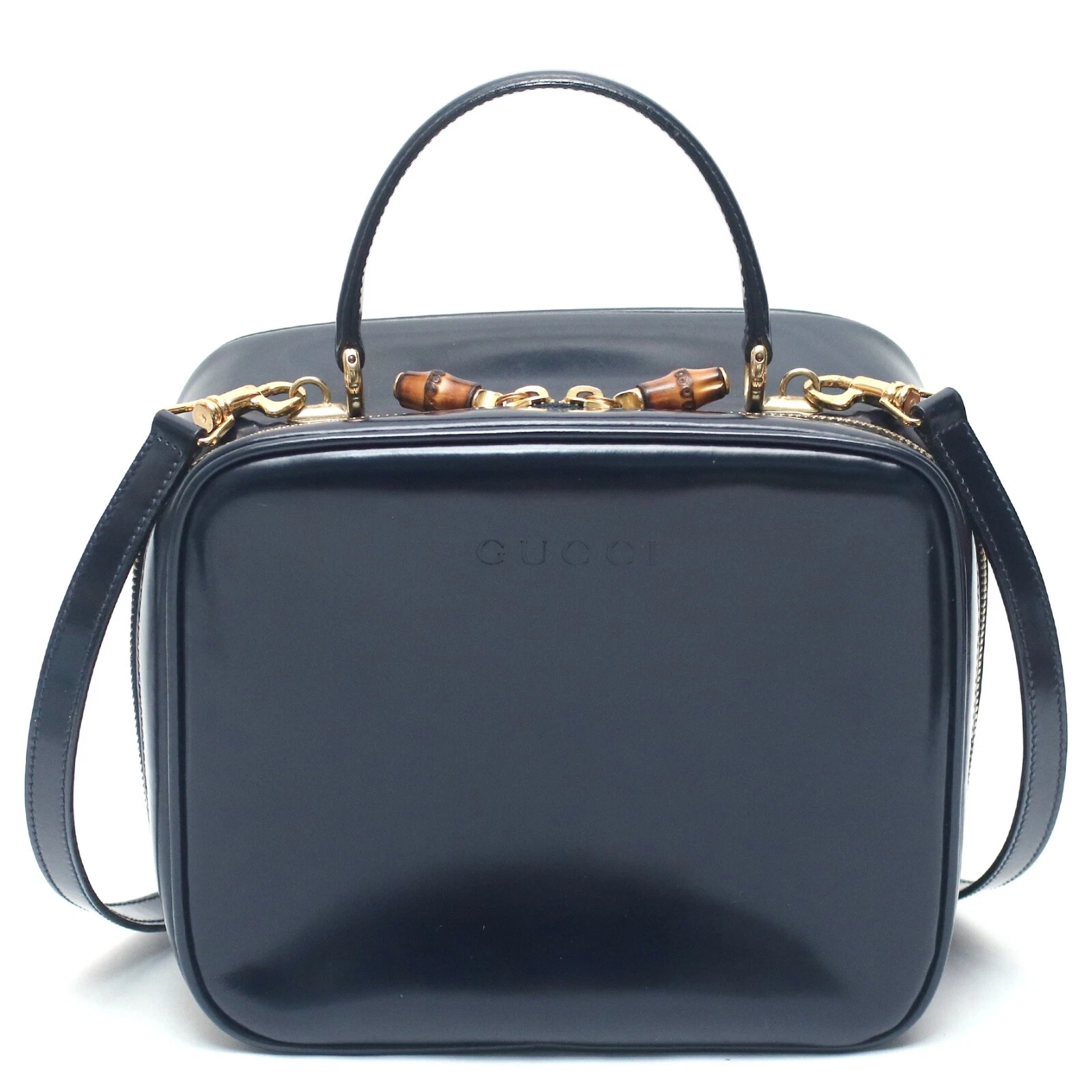 Sac à main GUCCI Vanity cuir verni bambou 2 voies marine 000 2040 0323 Italie authentique
