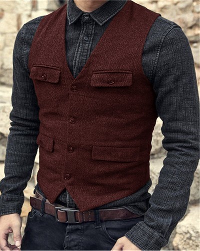 Mens Vintage Tweed Waistcoat Groom Bestman Retro Hunting Cowboy Formal Vests - Picture 4 of 21