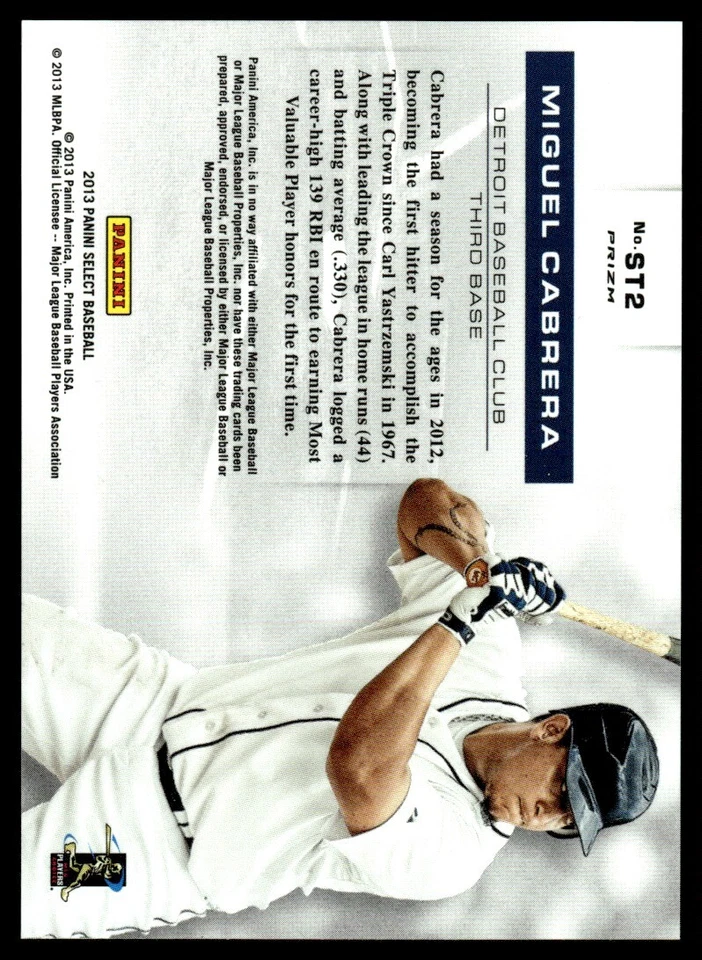 2013 Panini Select Statisticians HOLO Miguel Cabrera Detroit Tigers #ST2 - Image 2 of 2