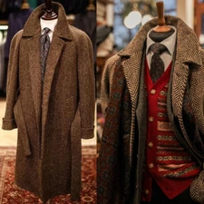 Men Overcoat Suits Tweed Herringbone with Belt Wool Blend Long Coat Regular Fit