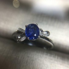 Oval Cut Blue Sapphire  Round White CZ 1.60 CT Women's Excellent Ring In Silver