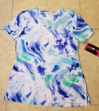ScrubStar Women Premium Scrub Top Blue Green White Small NEW