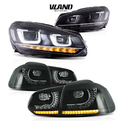 VLAND LED Headlights+Smoked Tail Lights For VW GOLF MK6 2010-2014 Sequential Kit