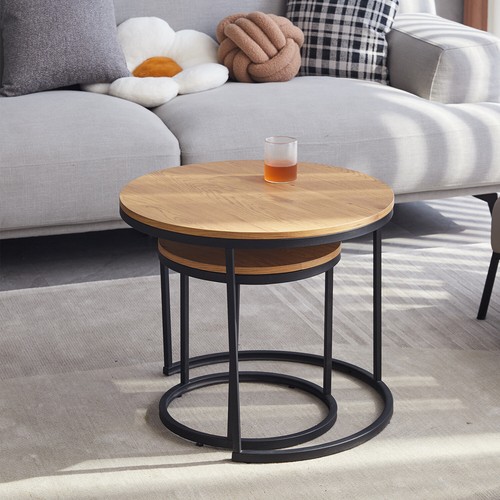 Mesa de centro mesa auxiliar mesa de salón sofá 2X redondo aspecto madera roble claro - Imagen 3 de 9