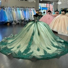 Emerald Green Off Shoulder Quinceanera Dresses Ball Gown Sequined Applique Lace